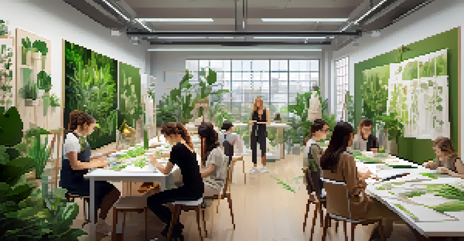 A lively fashion workshop where students learn about sustainable design from an expert, surrounded by eco-friendly materials.