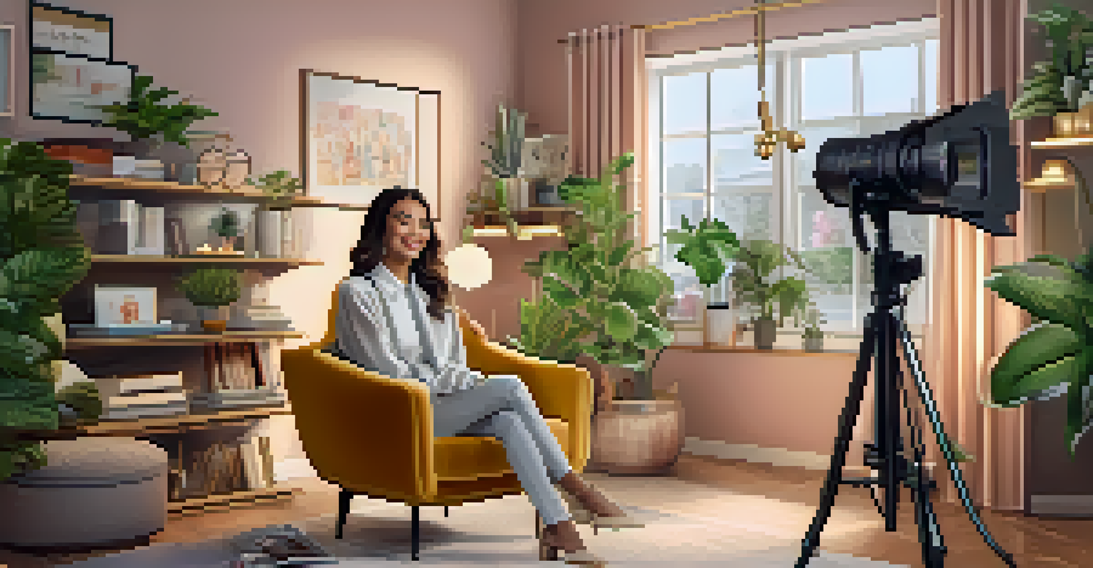 A fashion influencer sitting in a cozy room, recording a video while dressed stylishly, surrounded by plants and warm lighting.