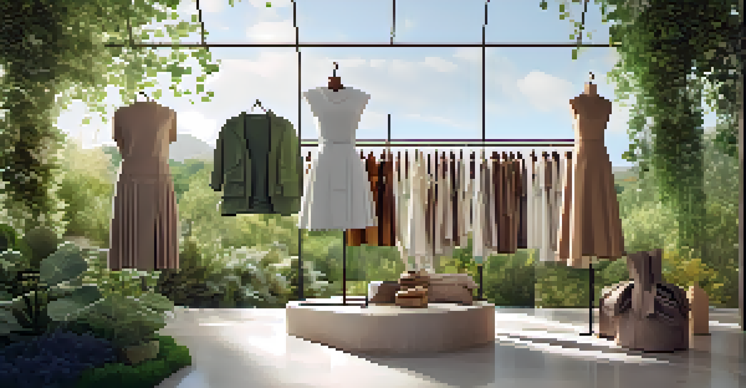 A stylish clothing collection made from eco-friendly materials displayed in a natural setting surrounded by greenery.