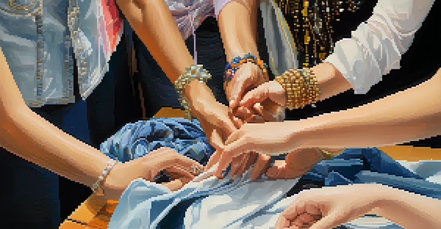 A close-up view of hands exchanging clothing at a community clothing swap event, showcasing a mix of traditional and modern styles.