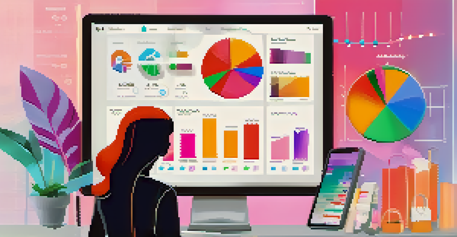 A social media analytics dashboard with graphs and images of clothing items in the background.
