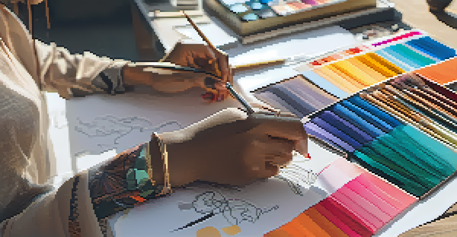 A close-up of a fashion designer sketching, surrounded by colorful fabrics and design tools in a sunlit workspace.