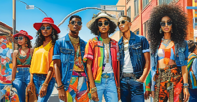 A diverse group of individuals wearing unique fashion outfits in a colorful urban setting with street art.