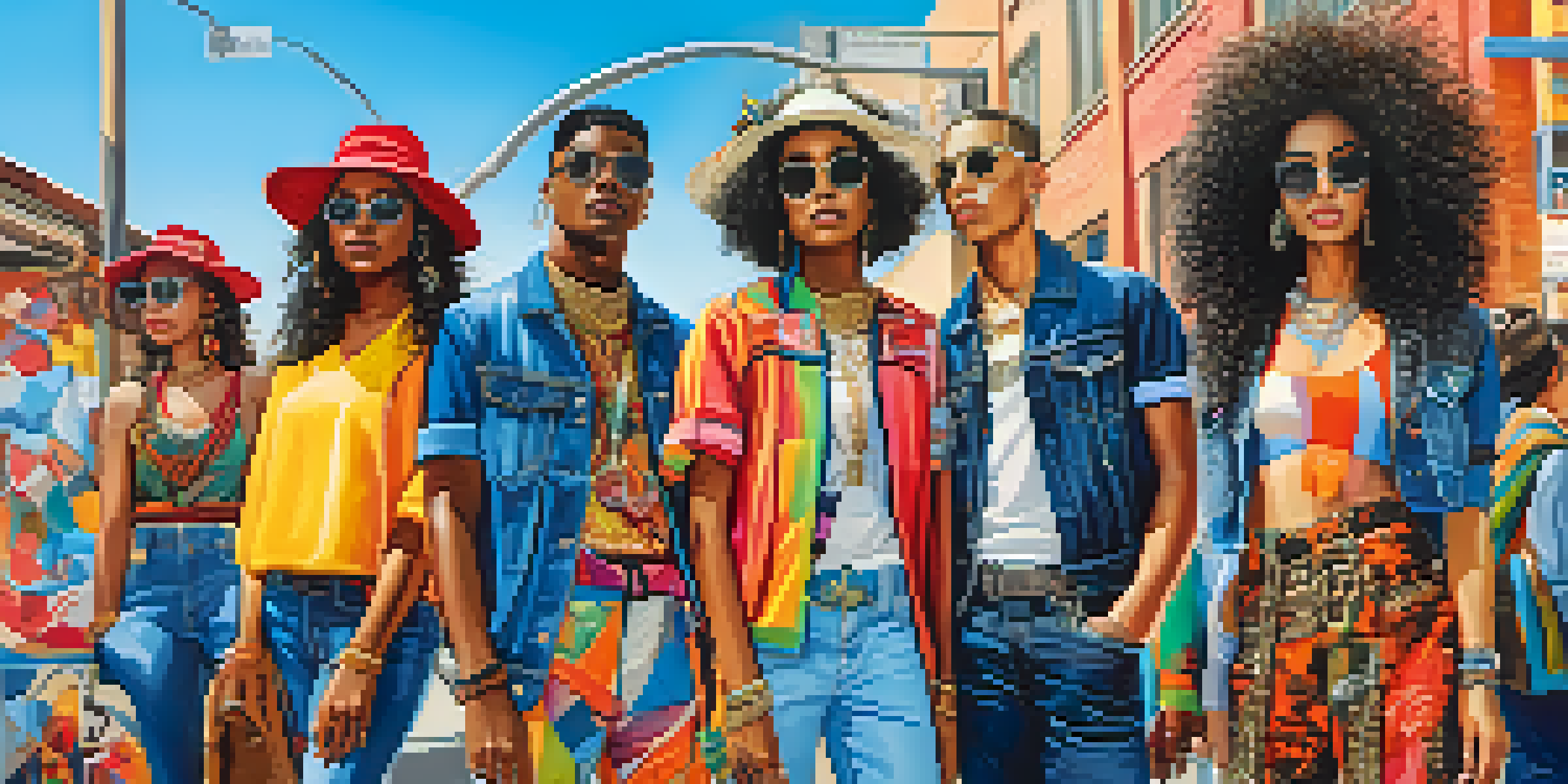 A diverse group of individuals wearing unique fashion outfits in a colorful urban setting with street art.