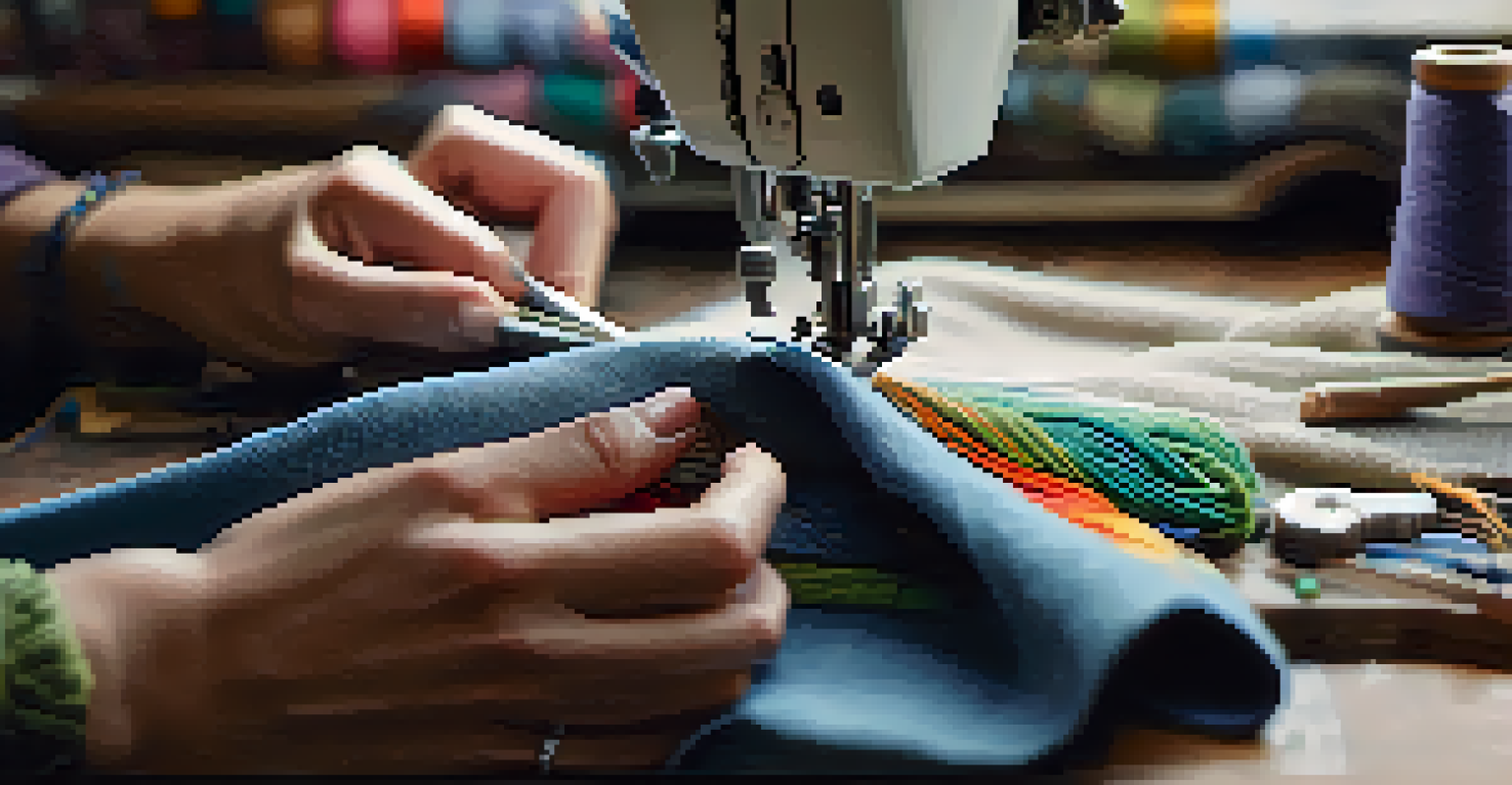 Close-up of hands mending clothing with colorful threads and sewing tools in a warmly lit workspace.