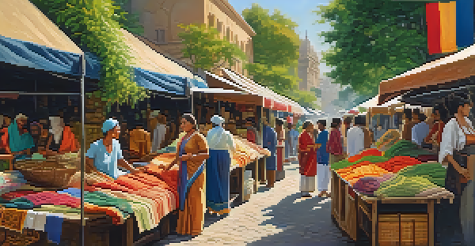 A vibrant open-air market with colorful fabrics and textiles, featuring local artisans and diverse customers under warm sunlight.