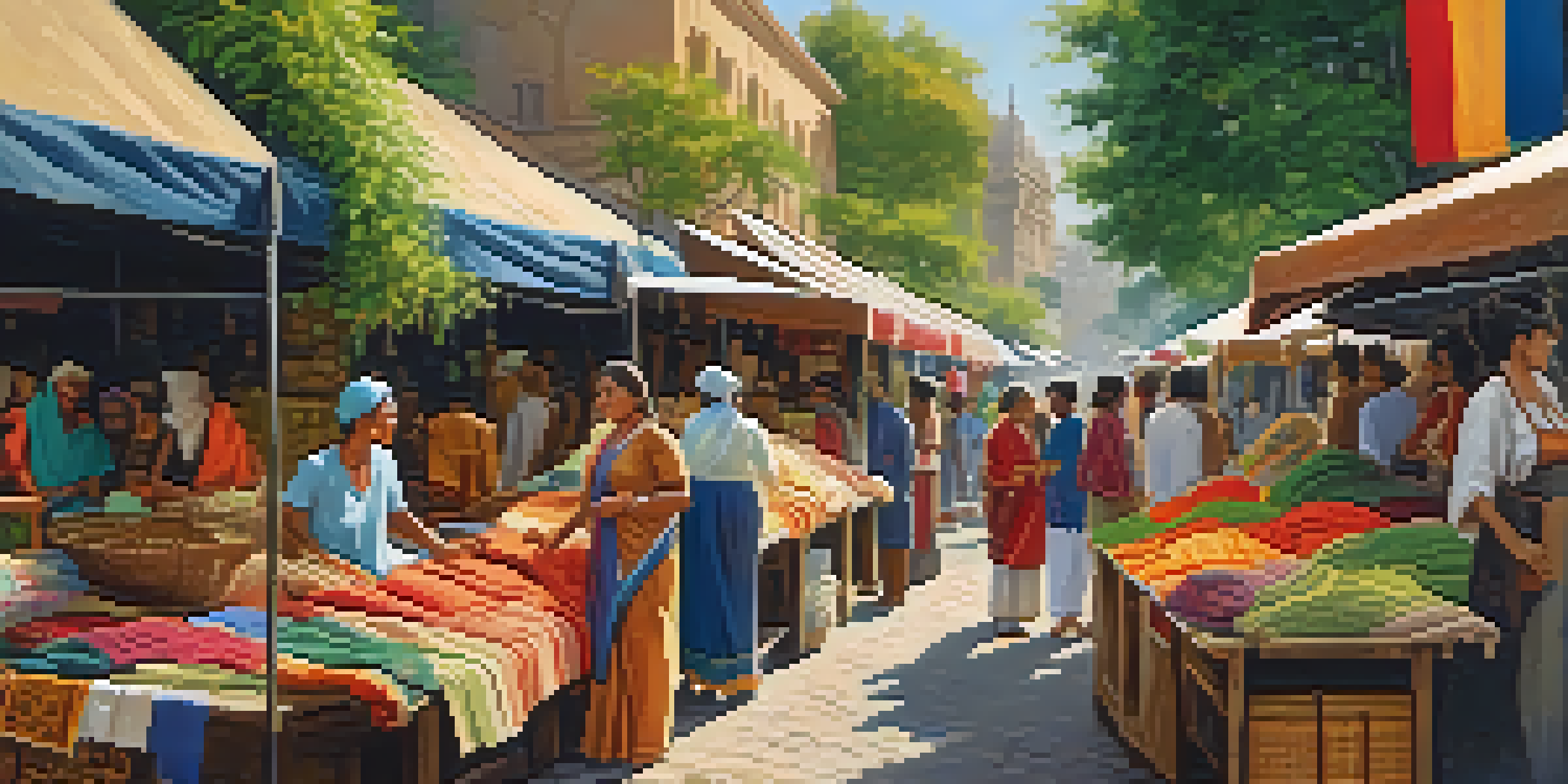 A vibrant open-air market with colorful fabrics and textiles, featuring local artisans and diverse customers under warm sunlight.