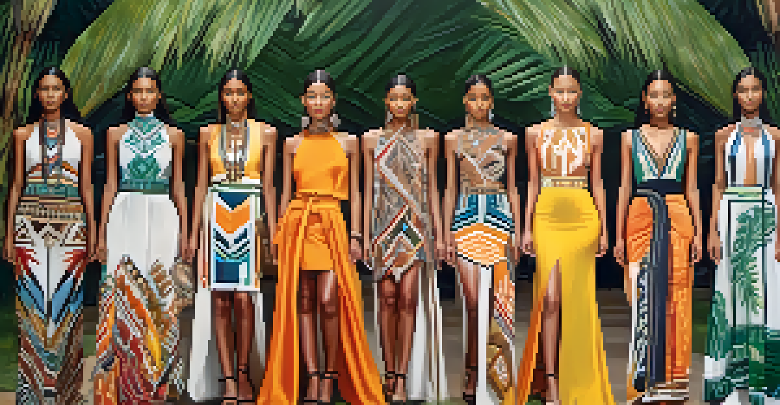 Outdoor fashion show with models wearing contemporary clothing inspired by Indigenous designs, surrounded by lush greenery.