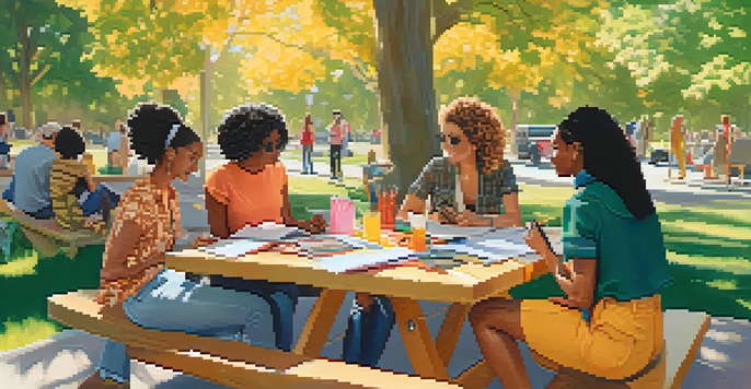 A diverse group of freelance fashion designers collaborating outdoors, surrounded by colorful fabrics and sketchbooks in a sunny park.