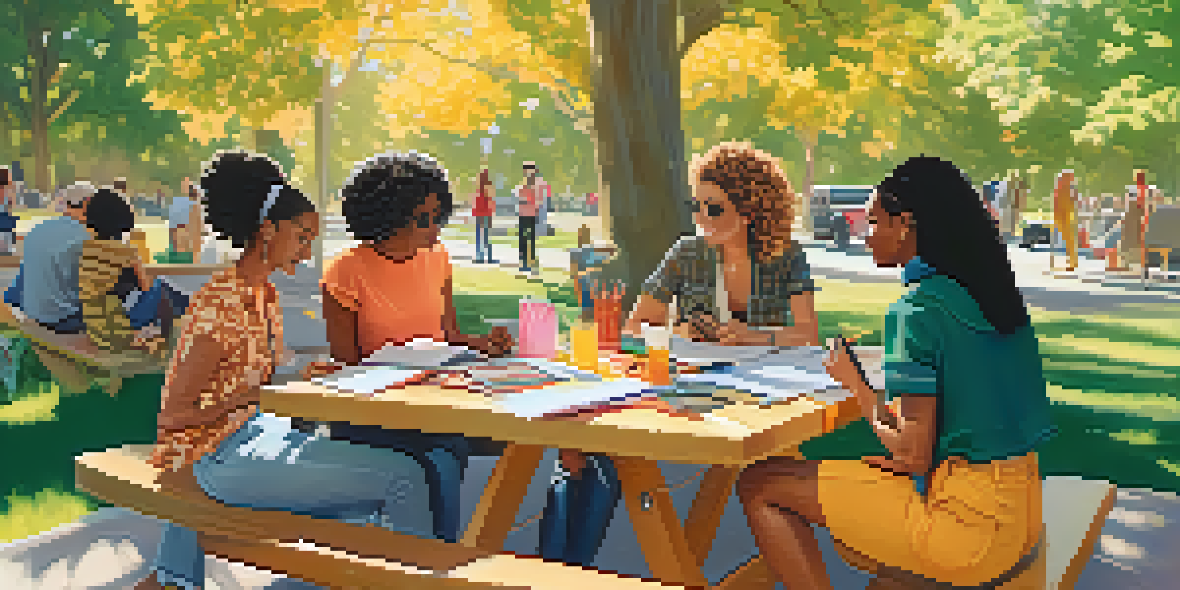 A diverse group of freelance fashion designers collaborating outdoors, surrounded by colorful fabrics and sketchbooks in a sunny park.