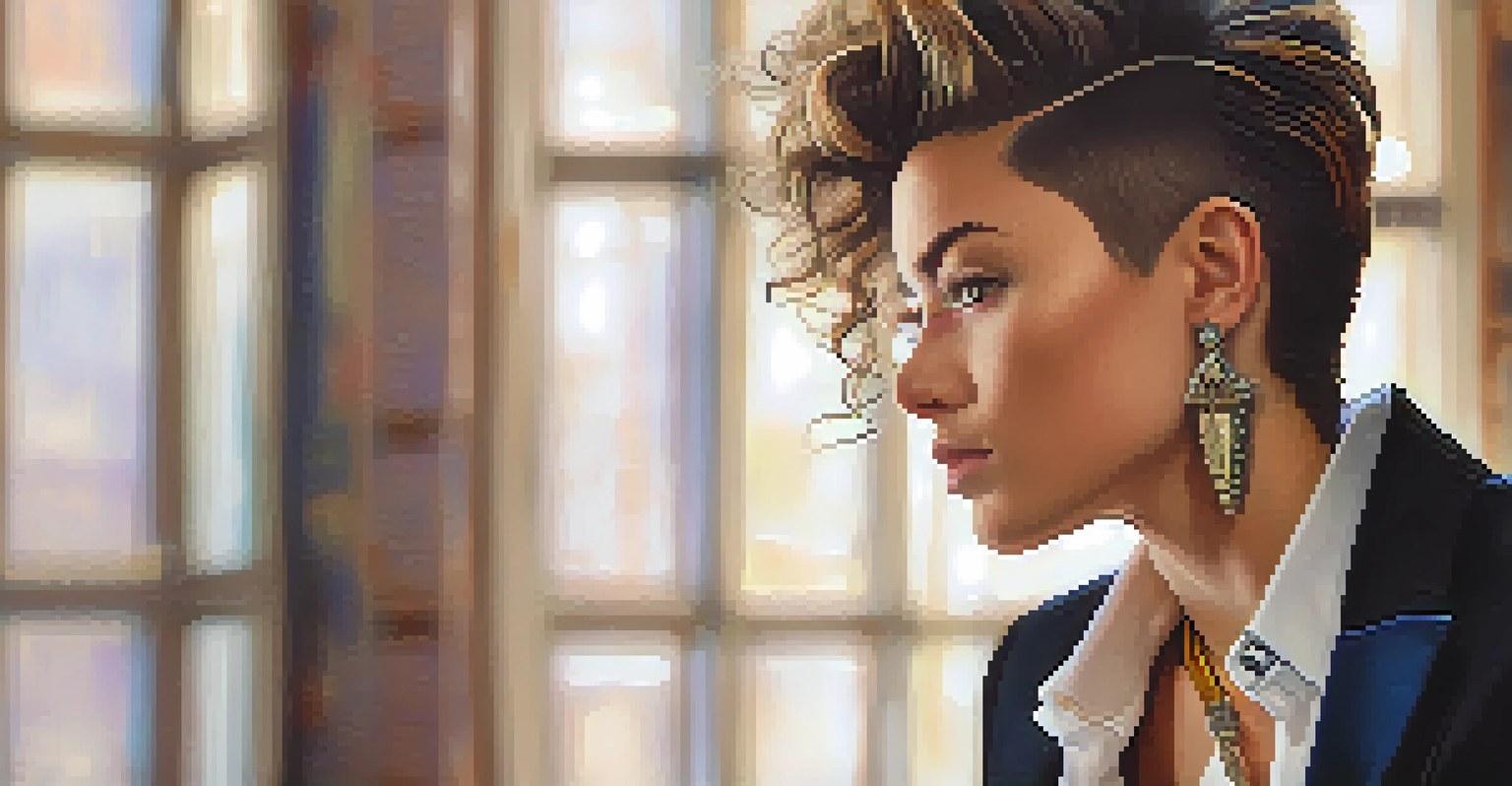 A close-up portrait of an individual with androgynous style, showcasing unique fashion choices and confident expression, with a softly blurred background.