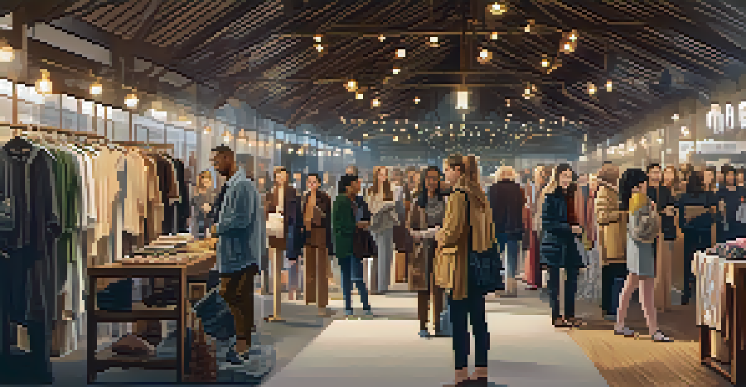 A vibrant market scene featuring stalls of sustainable fashion brands with organic fabrics, under warm lighting.