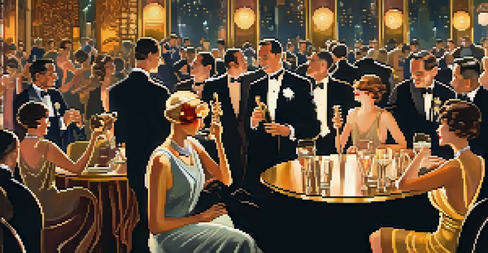 A vibrant jazz club from the 1920s with elegantly dressed patrons dancing and musicians in sharp suits, illuminated by soft golden lighting.
