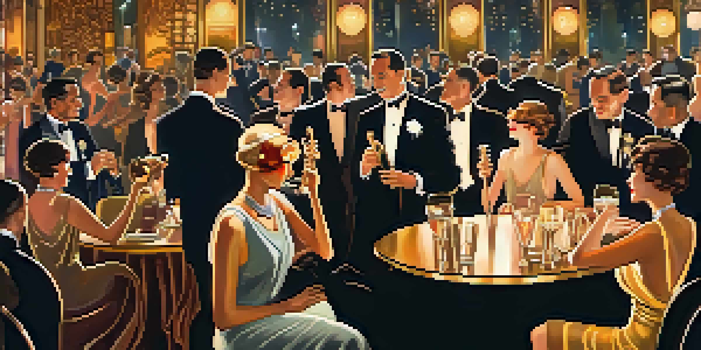 A vibrant jazz club from the 1920s with elegantly dressed patrons dancing and musicians in sharp suits, illuminated by soft golden lighting.