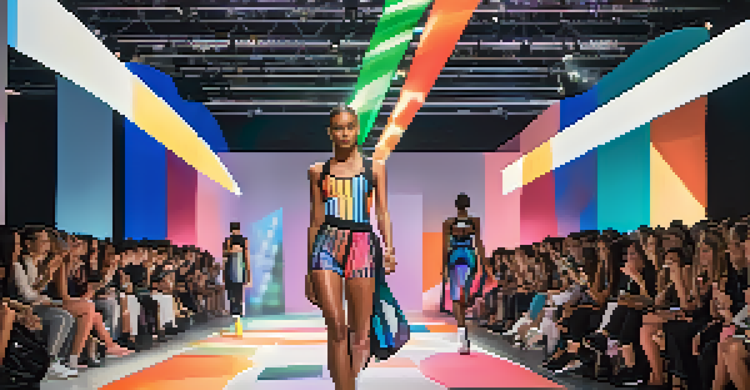 Models walking the runway in fashionable athleisure designs, blending luxury and sportiness, with a vibrant and dramatic backdrop.