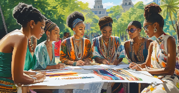 A diverse group of fashion designers working together in a sunny park, displaying traditional garments and vibrant textiles.
