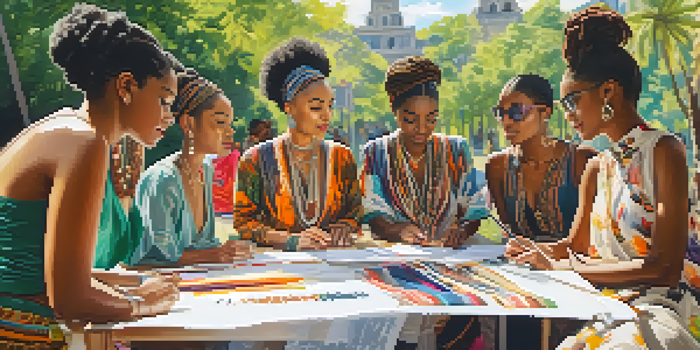 A diverse group of fashion designers working together in a sunny park, displaying traditional garments and vibrant textiles.