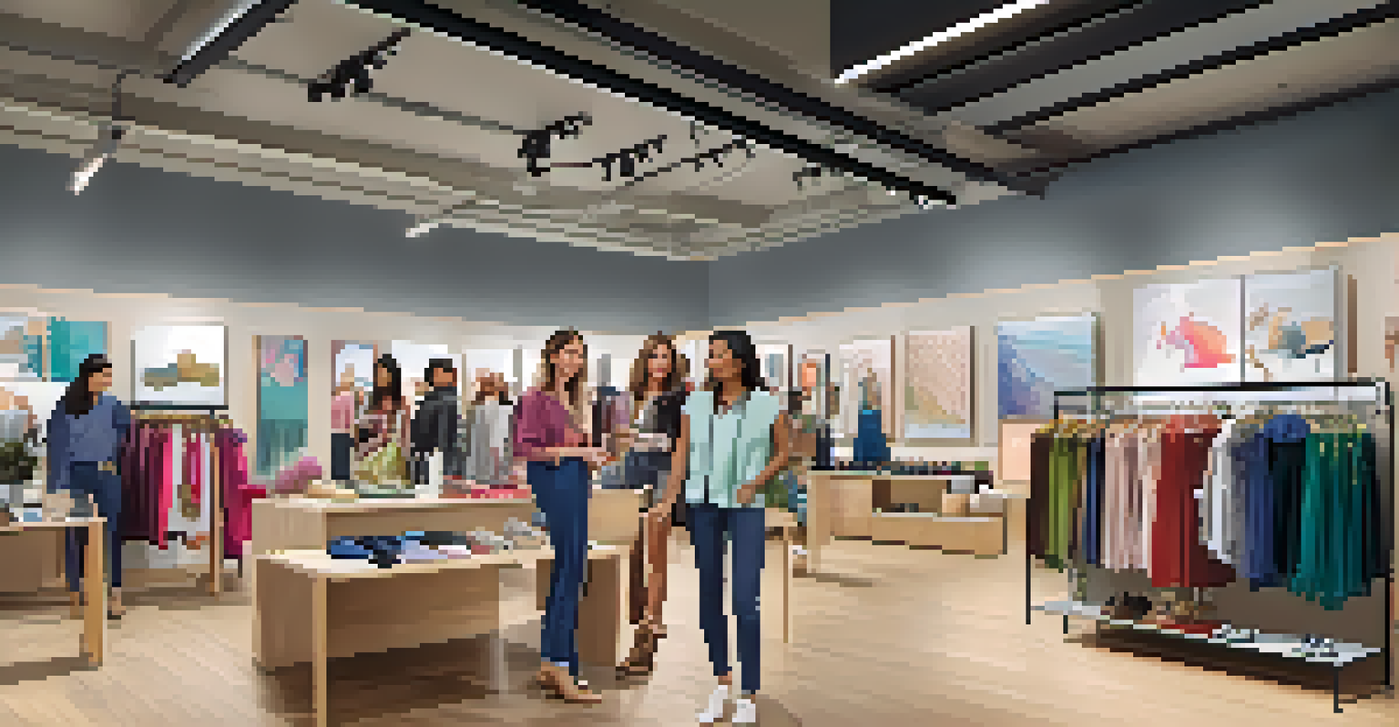 An in-store workshop where customers learn to style outfits, with colorful clothing displays and a stylist guiding a diverse group.