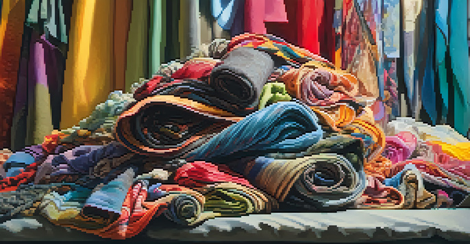 A colorful sculpture made of discarded clothing displayed in a recycling center, illuminated by soft sunlight.