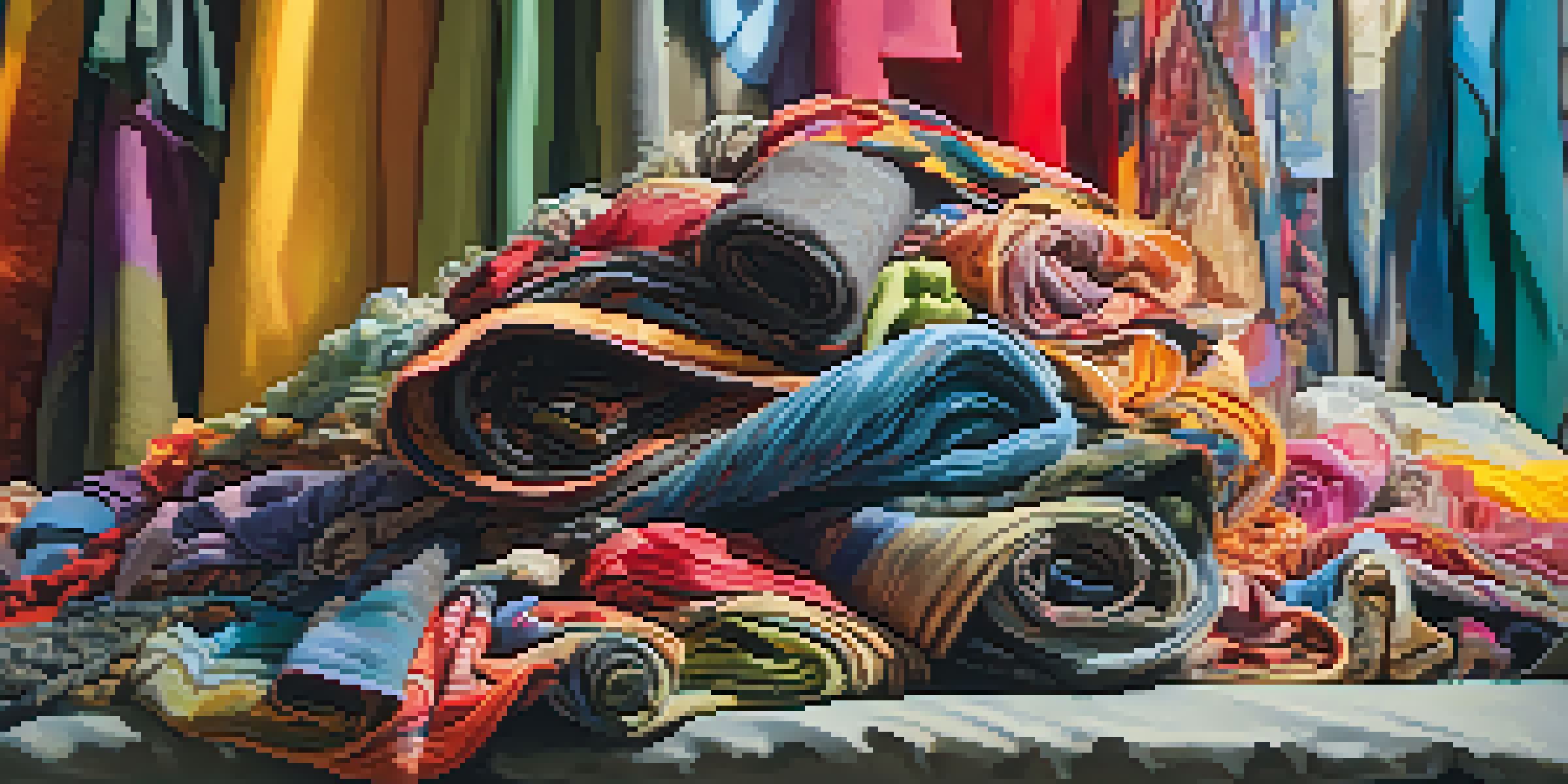 A colorful sculpture made of discarded clothing displayed in a recycling center, illuminated by soft sunlight.
