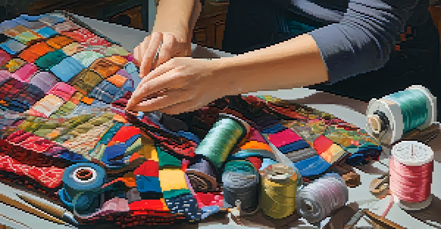 Close-up of hands sewing a garment from upcycled fabrics, with colorful scraps and tools in the background.