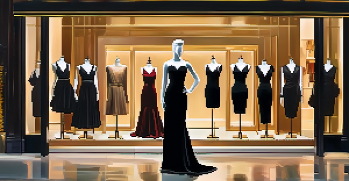 A character wearing an elegant little black dress in front of a luxurious boutique, illuminated by warm lighting.