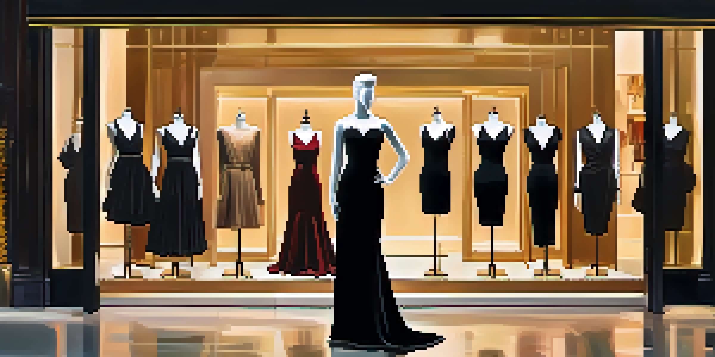 A character wearing an elegant little black dress in front of a luxurious boutique, illuminated by warm lighting.
