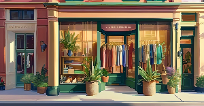 A sustainable fashion boutique with eco-friendly clothing displayed in the window, illuminated by warm sunlight.