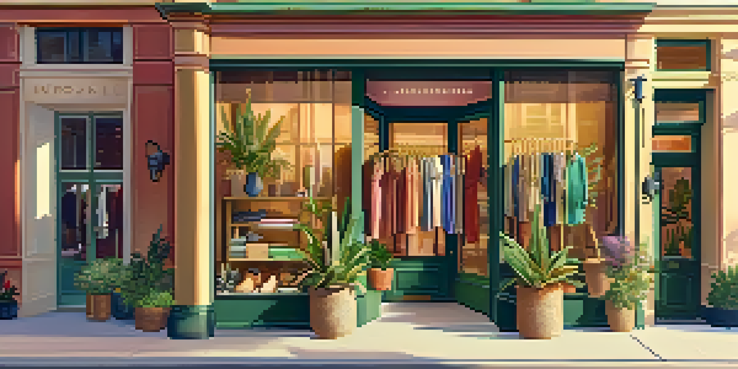 A sustainable fashion boutique with eco-friendly clothing displayed in the window, illuminated by warm sunlight.