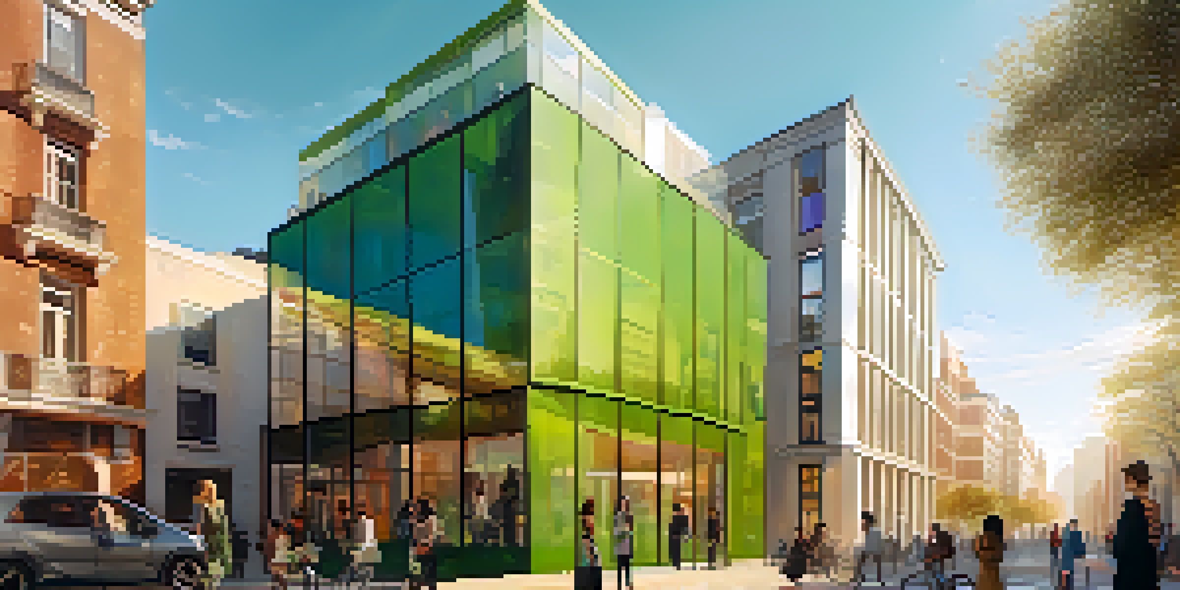 A modern building with green roofs and large windows, surrounded by street art, with people in eco-friendly fashion in the foreground.