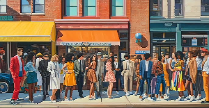 A diverse group of young adults in vibrant 1980s vintage fashion, interacting in an urban setting with colorful street art.