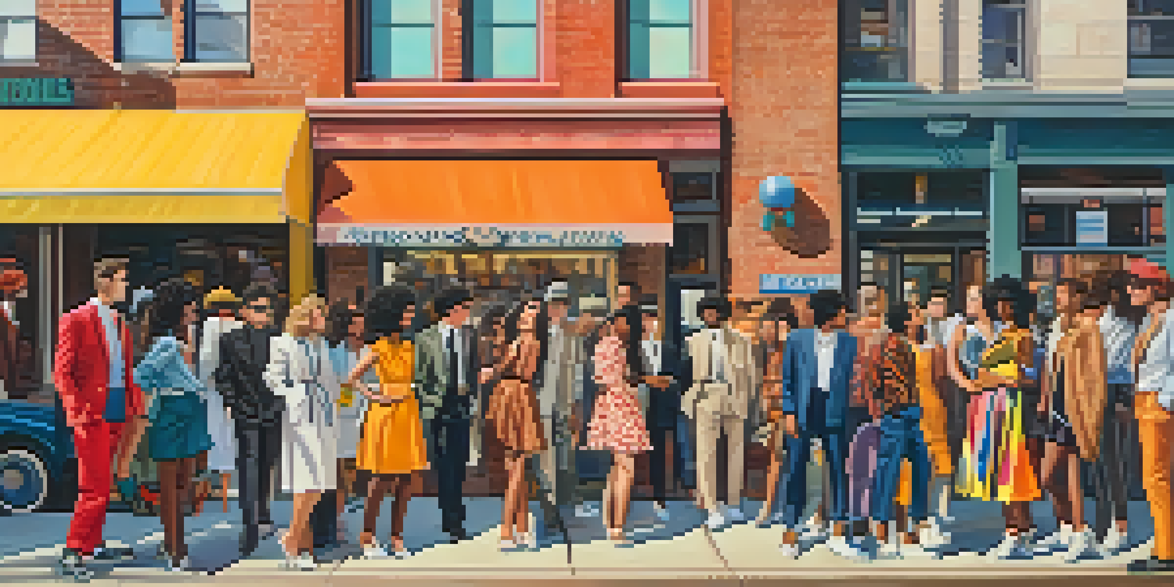 A diverse group of young adults in vibrant 1980s vintage fashion, interacting in an urban setting with colorful street art.