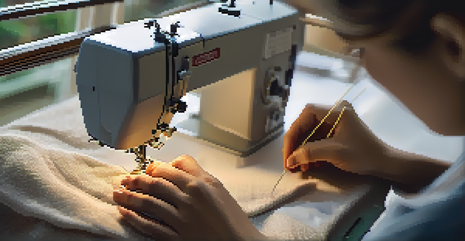 A close-up of a worker's hands sewing fabric with a needle and thread, showcasing the craftsmanship in fashion production.