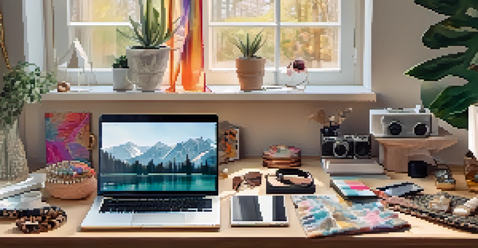A colorful arrangement of a fashion influencer's workspace with a laptop, fabric swatches, and accessories, illuminated by soft natural light.