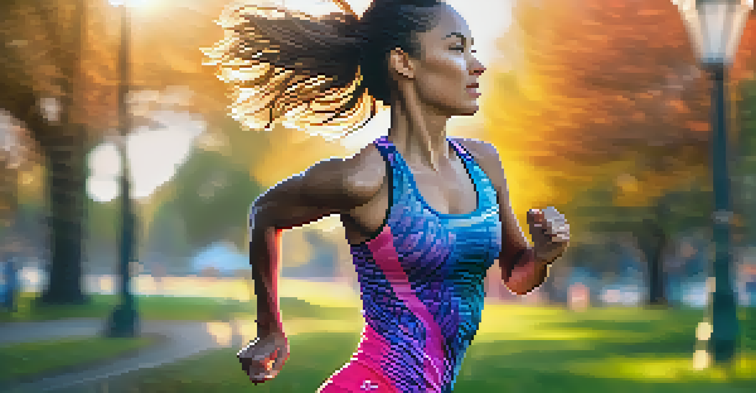 An athletic woman running in a glowing smart fabric outfit, set in a park at sunset.