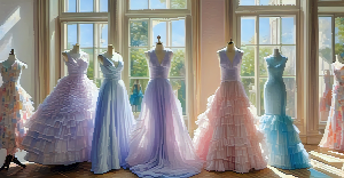 A gallery showcasing flowing dresses inspired by Impressionist art, in pastel colors, with textured backgrounds and natural light.