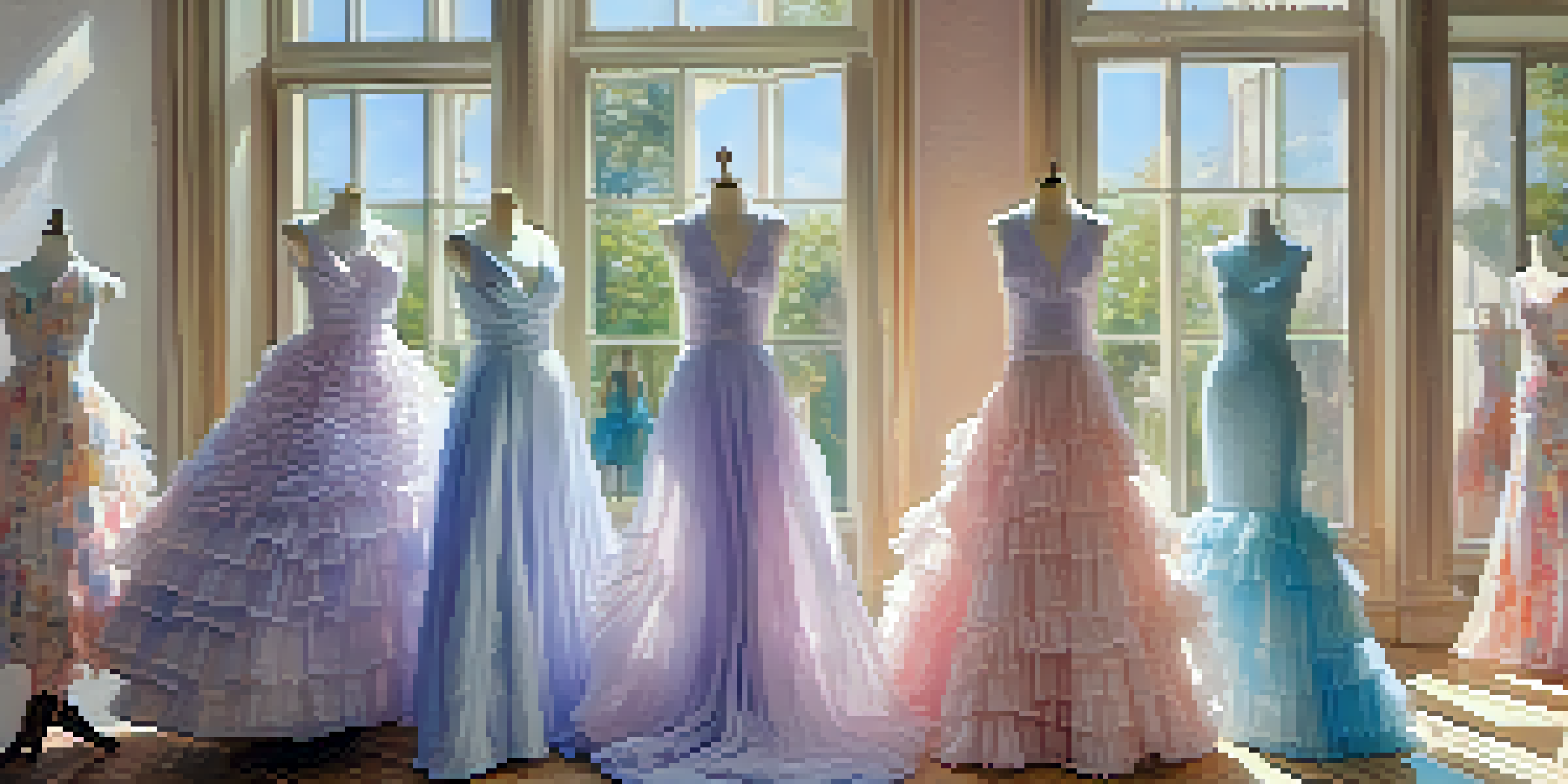 A gallery showcasing flowing dresses inspired by Impressionist art, in pastel colors, with textured backgrounds and natural light.