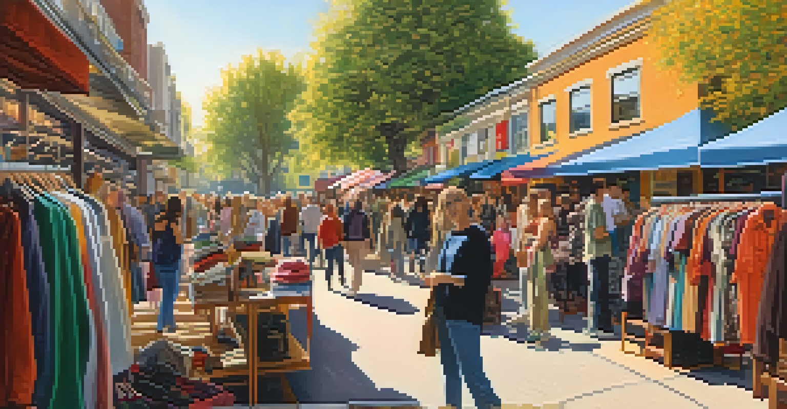 A busy outdoor thrift shop with diverse shoppers browsing colorful second-hand clothing under sunlight, promoting sustainability.