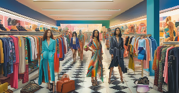 A lively digital fashion marketplace filled with models in eclectic outfits and brand logos, with a modern interface in the background.