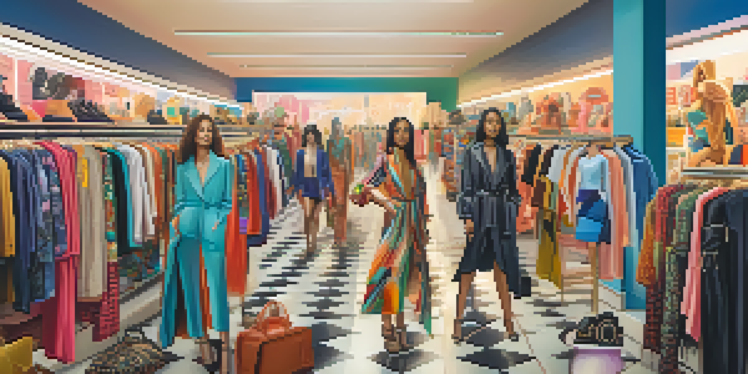 A lively digital fashion marketplace filled with models in eclectic outfits and brand logos, with a modern interface in the background.