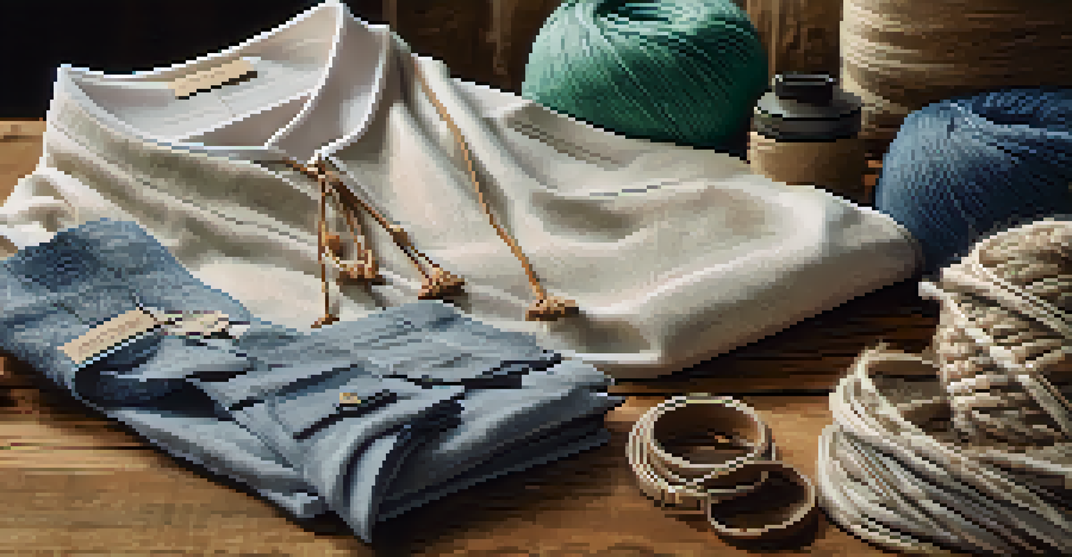 A close-up view of sustainable fashion items on a rustic wooden table, showcasing eco-friendly clothing and natural fabrics.