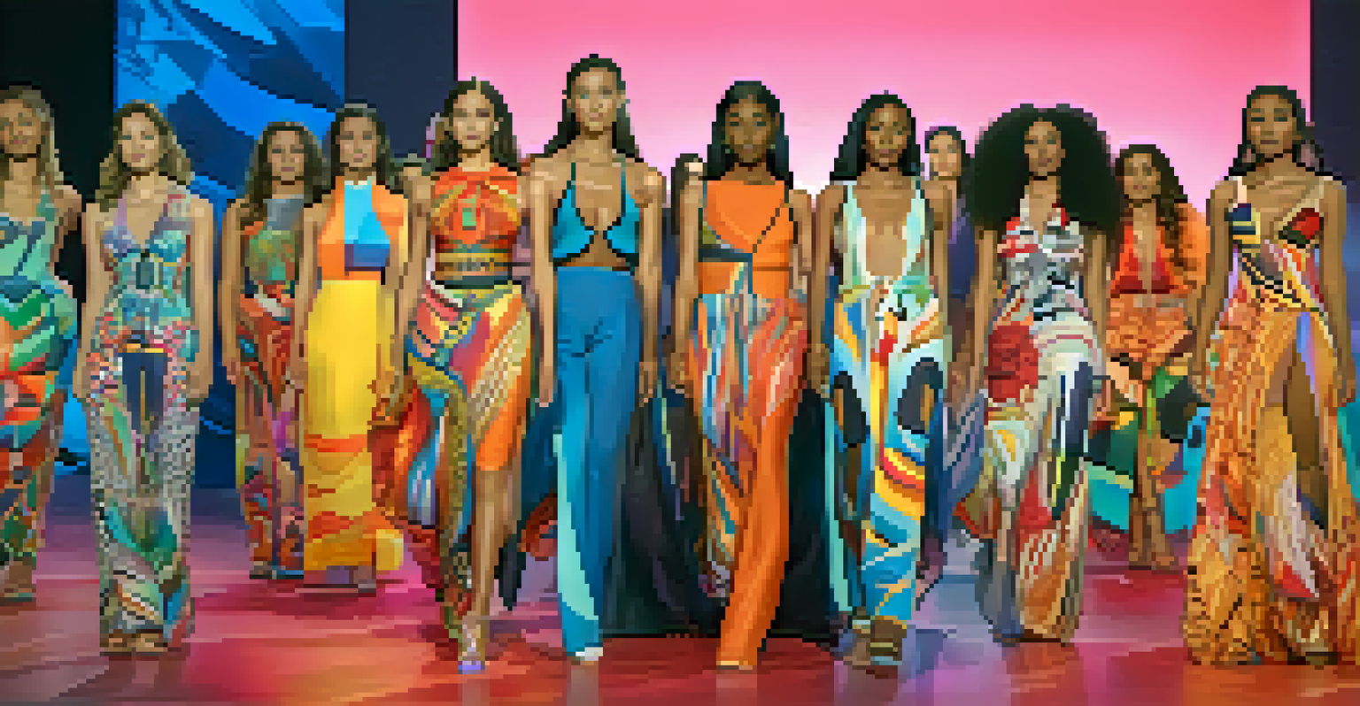 A diverse group of models on a runway showcasing unique 3D printed outfits in an inclusive fashion show setting.
