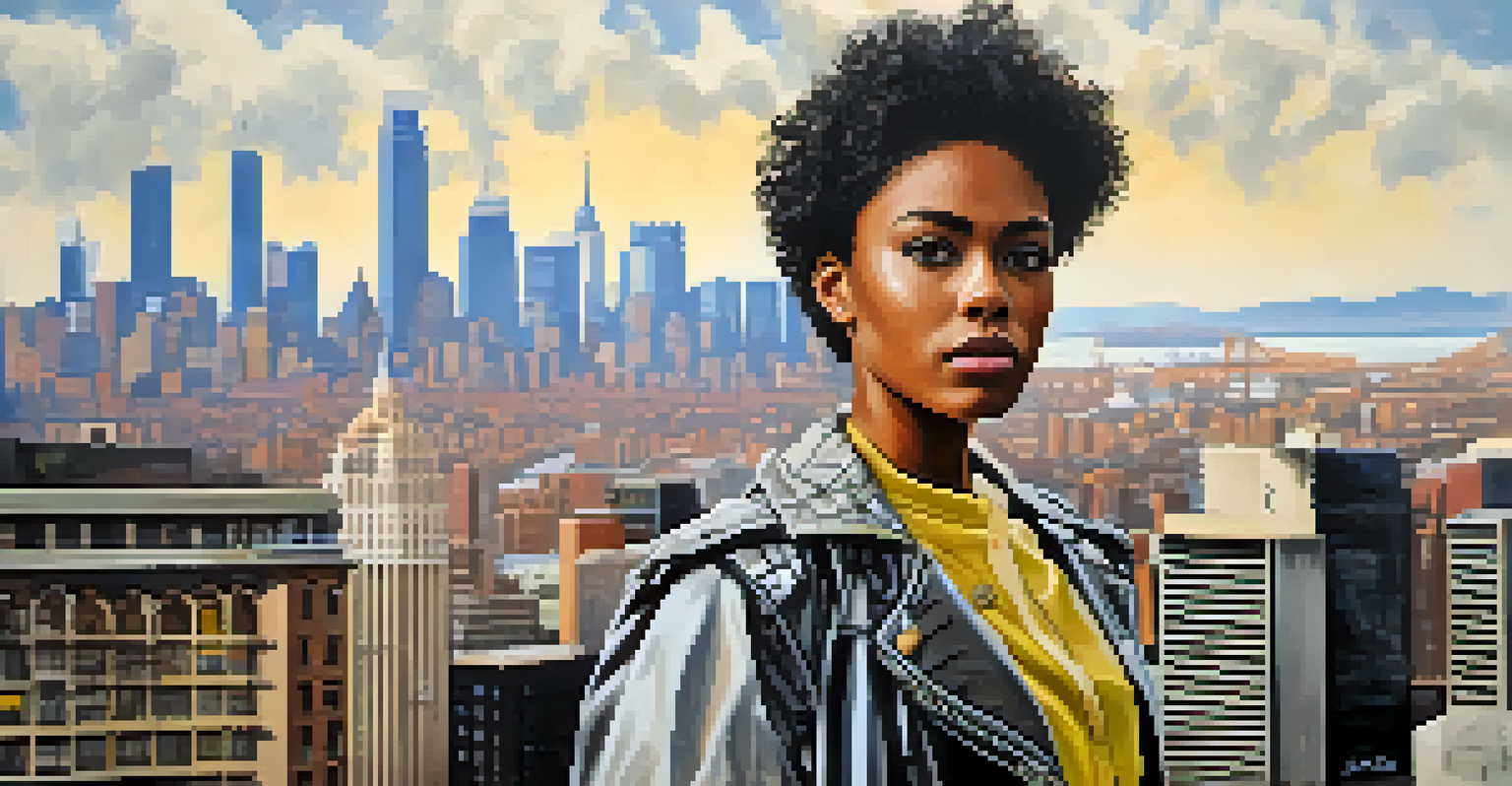 A close-up portrait of a young activist in recycled fashion, holding a sign that says 'Fashion for Change' against a city backdrop.