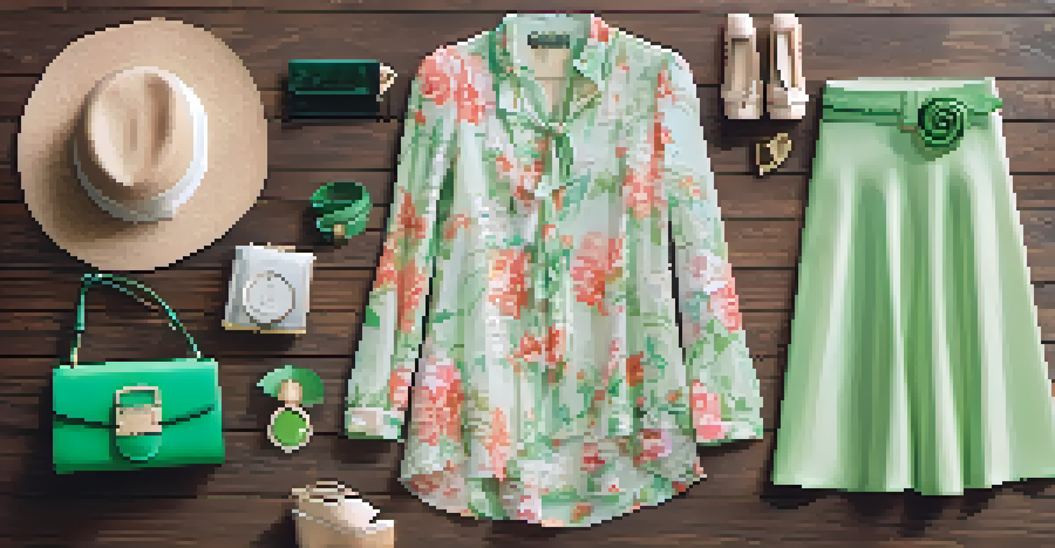 A flat lay of a spring outfit with a green blouse, floral skirt, and accessories on a wooden surface, bathed in soft natural light.