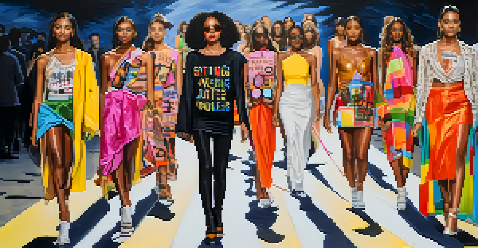 Models on a runway displaying activist fashion with messages of social justice, surrounded by colorful banners and dramatic lighting.