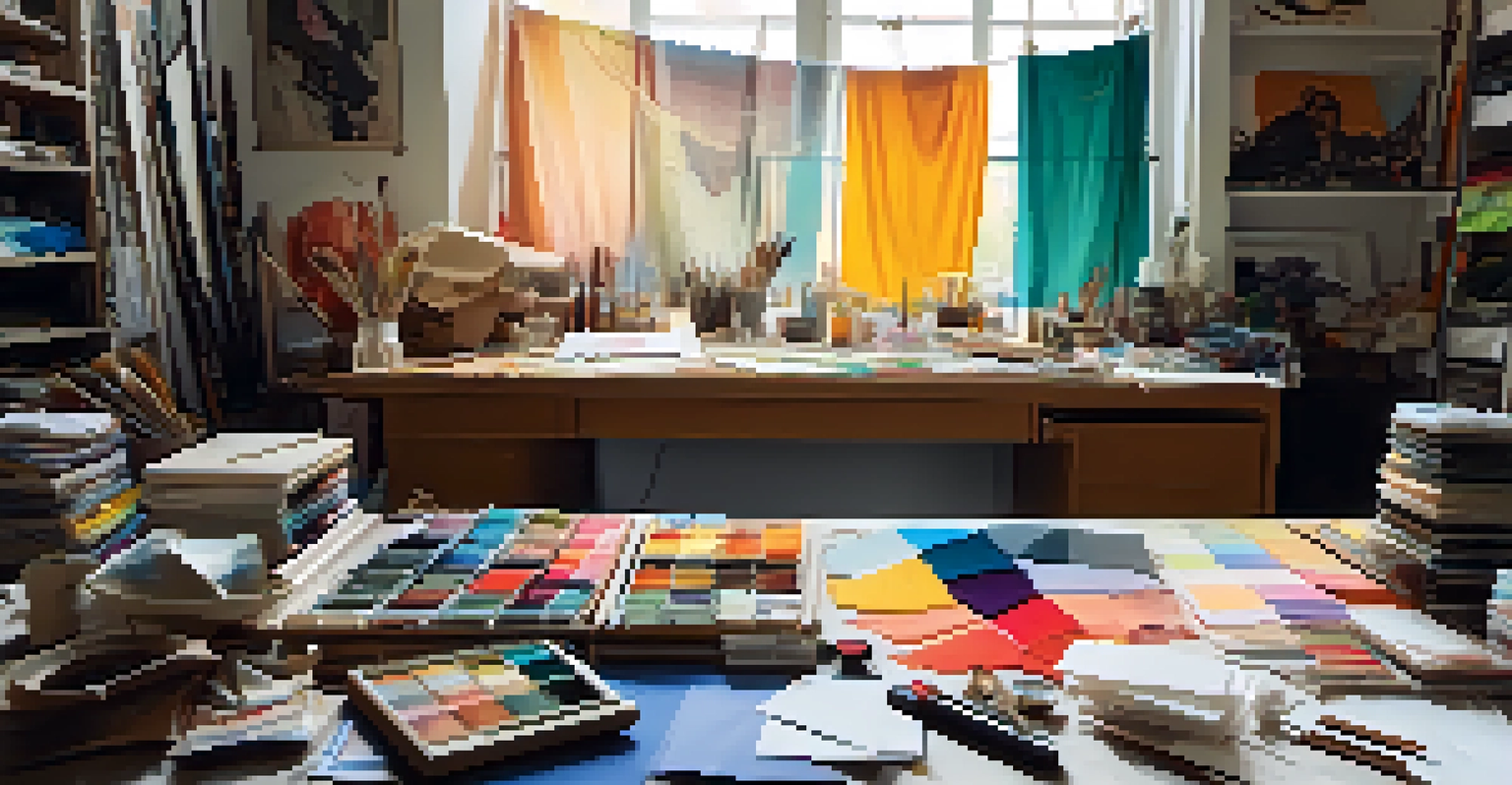 A close-up of a costume designer's workspace with colorful fabric swatches, sketches, and sewing tools, illuminated by natural light.