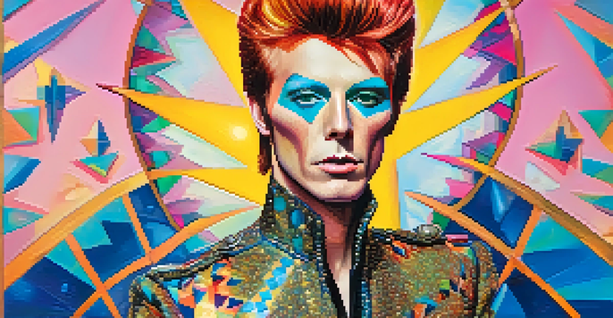 A male figure dressed in a flamboyant Ziggy Stardust costume with colorful makeup and cosmic patterns, set against a vibrant, colorful background.