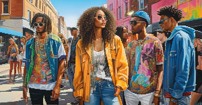 A lively street scene with diverse individuals in colorful fashion, showcasing community and self-expression.