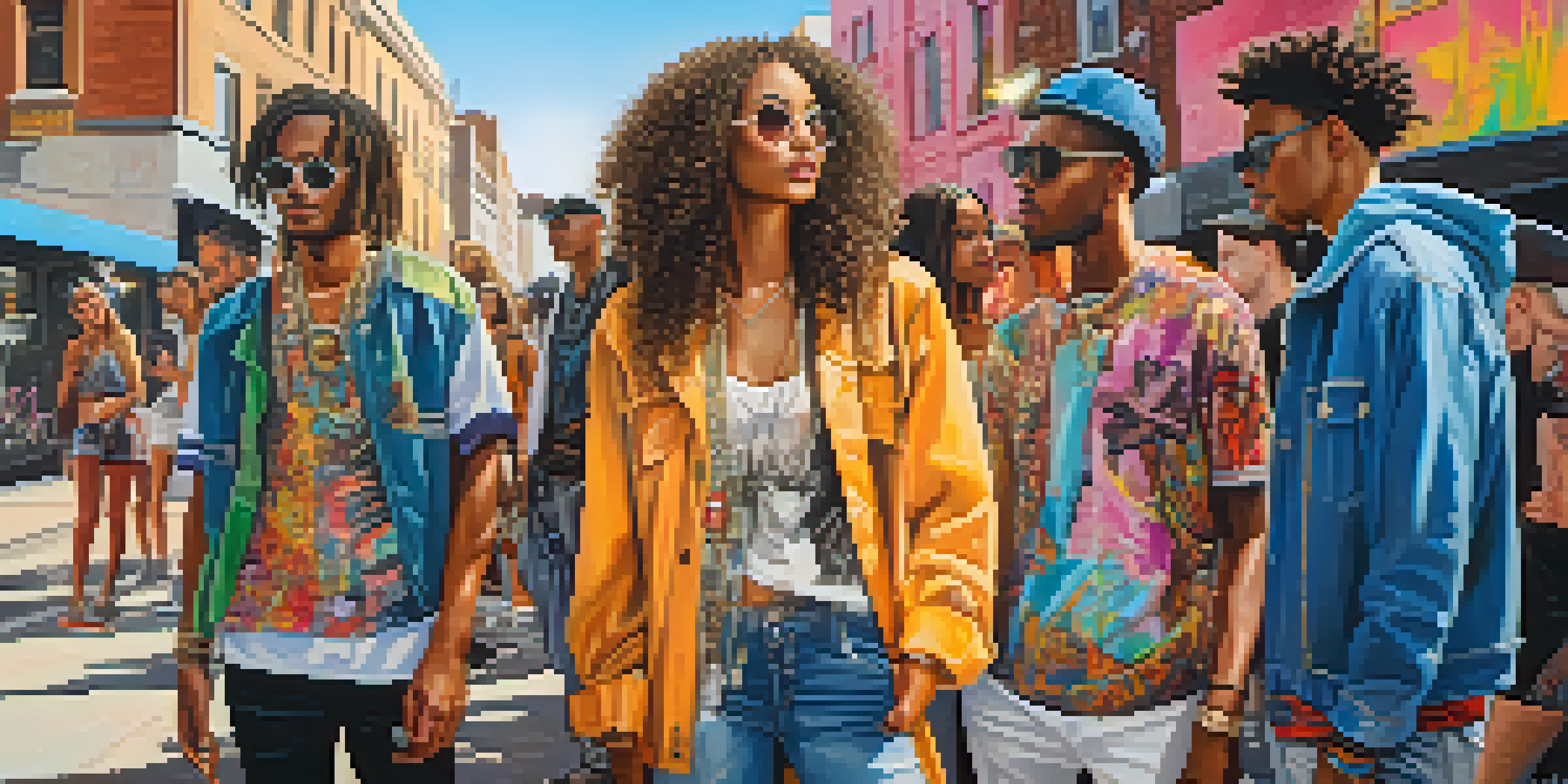 A lively street scene with diverse individuals in colorful fashion, showcasing community and self-expression.