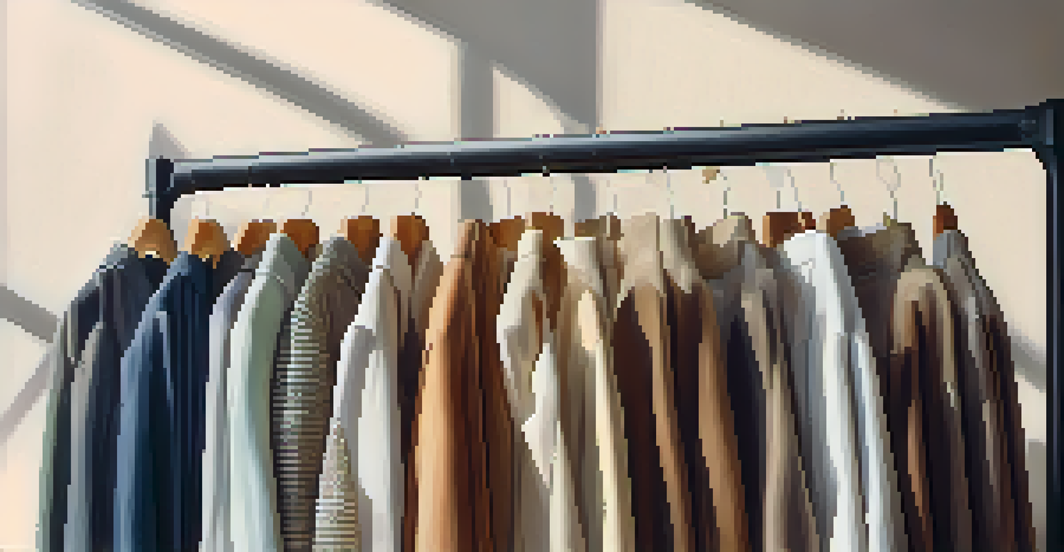 A detailed view of a garment rack displaying sustainable fashion outfits made from organic materials in soft light.